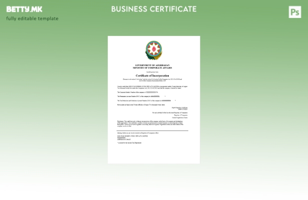 Модерен стил Азербејџан сертификат за регистрација Шаблон за Word и PDF